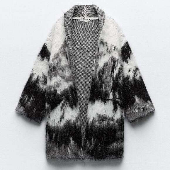 Zara Open Front Knit Brushed Hairy Cardigan Coat with Abstract Print - XS/S - Picture 1 of 8